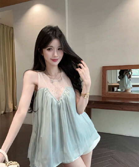 실사 프랑스식 빛 럭셔리 디자인 센스 핫픽스 망사 패치워크 맨위 주름 슬림해 보이는 표지 고기 조끼 A라인 스커트