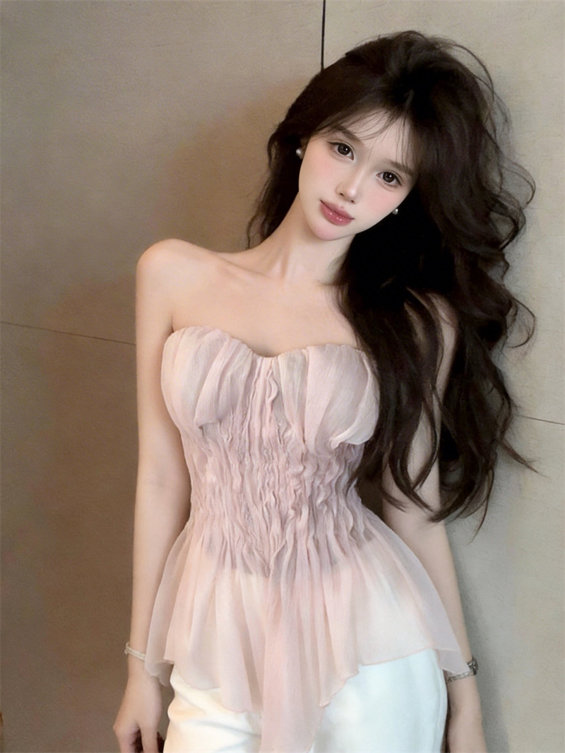 실사 프랑스식 섹시함 무거운 작업 펌프 Pleat 오프숄더 튜브탑 조끼 디자인 센스 작은 대중 슬림해 보이는 맨위