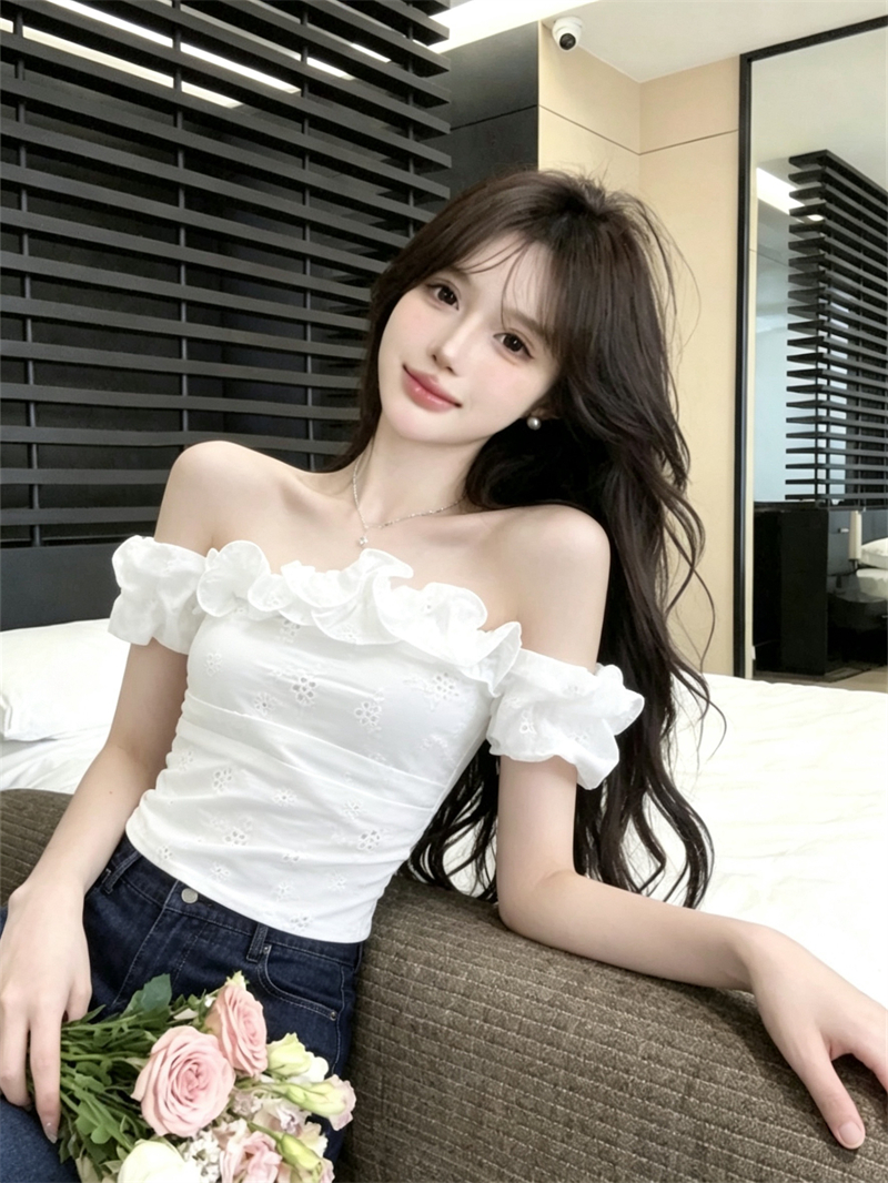 실사 프랑스식 품격 오프숄더 반팔 셔츠 몸매 가꾸기 디자인 센스 작은 대중 프릴 자수 맨위