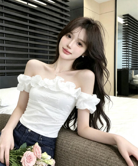 실사 프랑스식 품격 오프숄더 반팔 셔츠 몸매 가꾸기 디자인 센스 작은 대중 프릴 자수 맨위