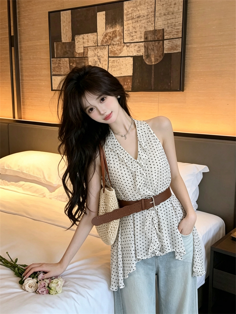 핫걸 바람 도트 무늬 민소매 V넥 허리 수축 다용도 슬림해 보이는 품격 프릴 맨위 벨트 보내기