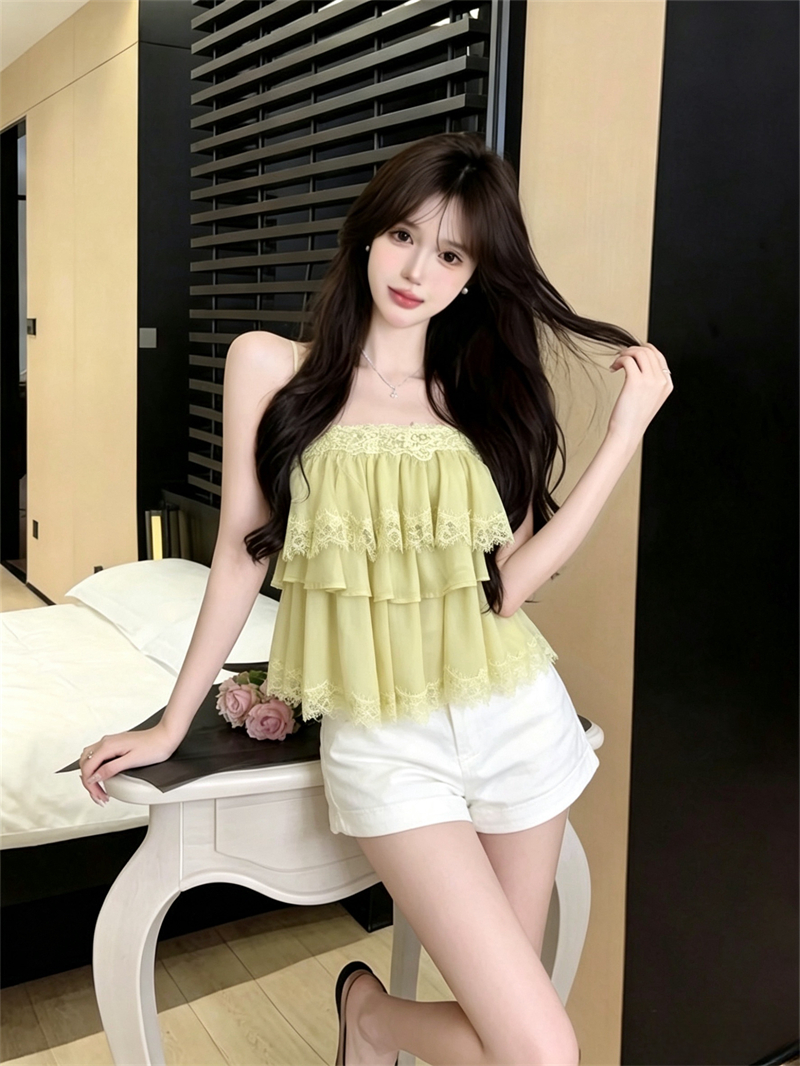 실사 부드러운 바람 무거운 작업 다중 레이어 레이스 캐미솔 여름 디자인 센스 불규칙 맨위