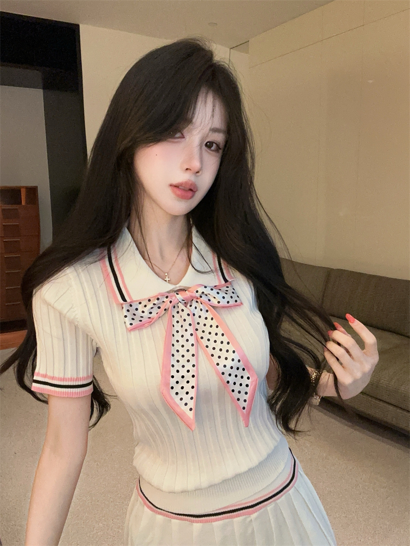 실사 연령 감소 배색 폴로 칼라 반팔 몸매 가꾸기 도트 무늬 나비 매듭 맨위 플리츠 반신 치마 세트