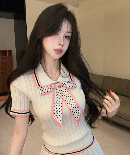 실사 연령 감소 배색 폴로 칼라 반팔 몸매 가꾸기 도트 무늬 나비 매듭 맨위 플리츠 반신 치마 세트