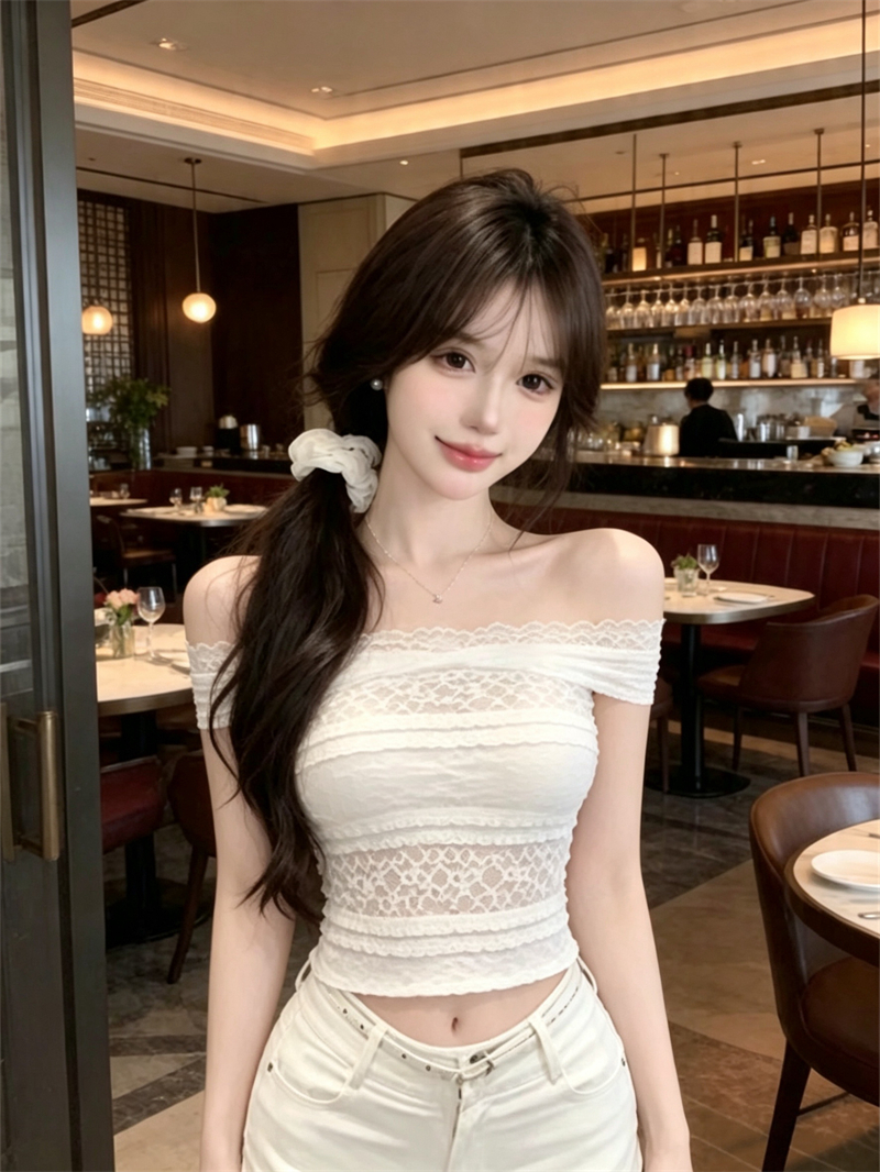 실사 레이스 오프숄더 티셔츠 여성 여름 디자인 센스 순수한 욕망 섹시함 오프숄더 맨위
