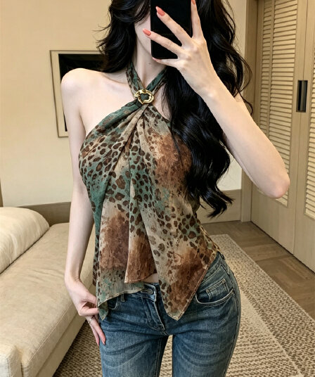 실사 레오파드 무늬 세 색 후광 염색 레이스업 행침 목 프린트 작은 셔츠 여성 높음 질감 쇼트 스타일 민소매 맨위