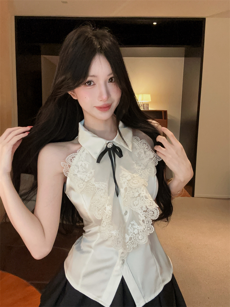 실사 프랑스식 레트로 궁정 바람 레이스 프릴 민소매 셔츠 맨위 슬림해 보이는 케이크 치마 세트