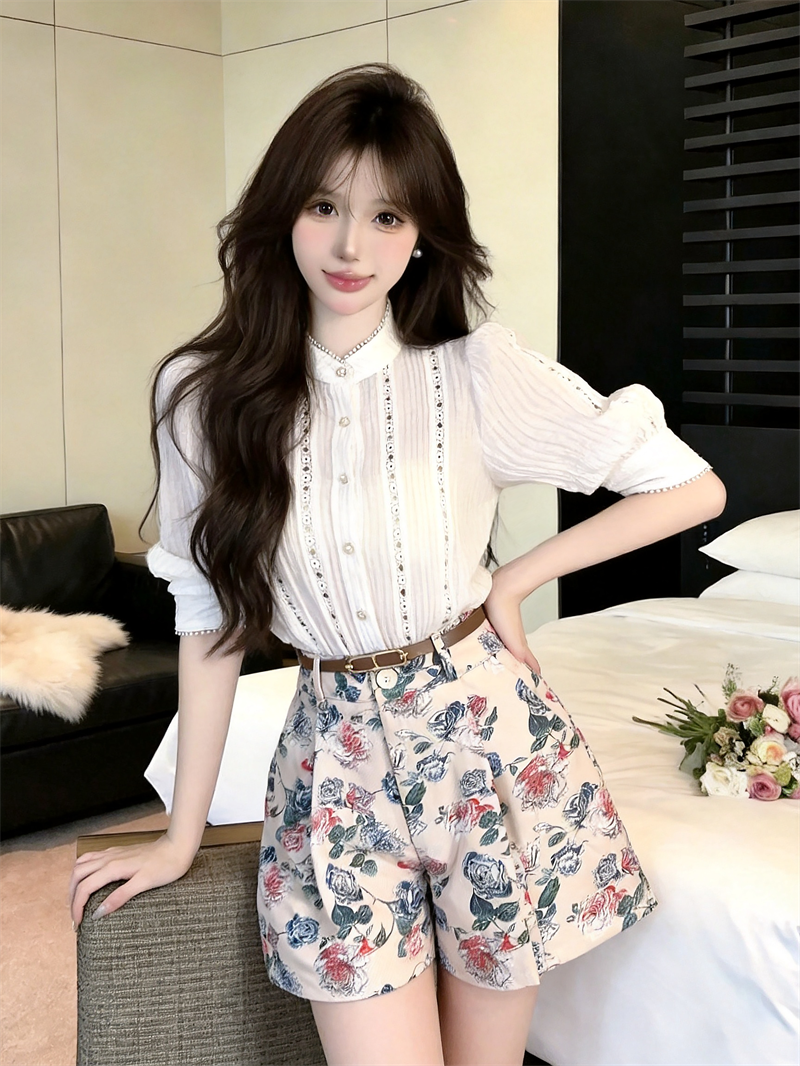 실사 한국 스타일 패션 품격 미니멀리즘 패치워크 레이스 셔츠 하이웨이스트 꽃무늬 반바지 벨트