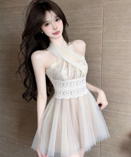 실사 레이스 망사 패치워크 행침 목 드레스 허리 수축 슬림해 보이는 요정 치마