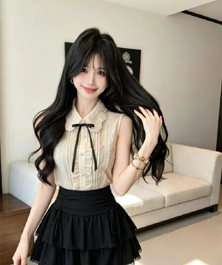실사 천 금빛 바람 세트 여름 프랑스식 무거운 작업 베이비 칼라 민소매 맨위 케이크 반신 스커트