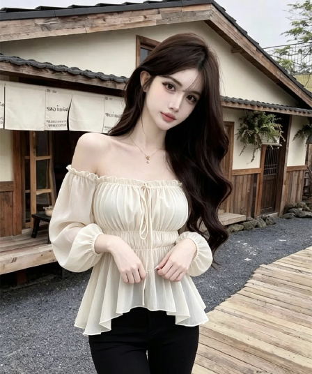 실사 오프숄더 쉬폰 여성 셔츠 여름 순수한 욕망 핫걸 품격 쇼트 스타일 허리 수축 아름다운 이슬 어깨
