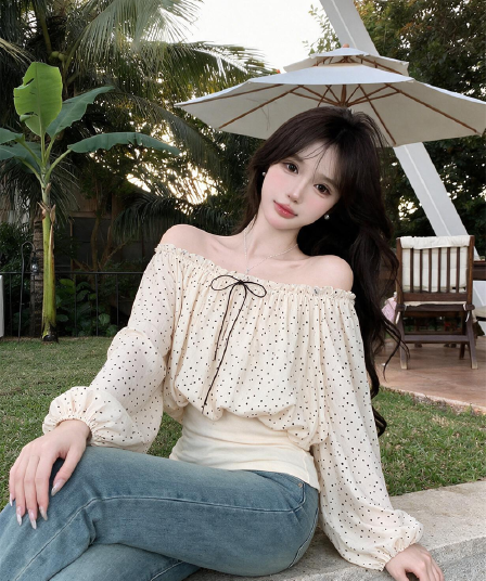 실사 오프숄더 쉬폰 블라우스 여성 가을 도트 무늬 외부 잡아라. 의류 고급 센스 허리 수축 긴팔