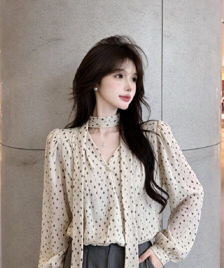 실사 부드러운 도트 무늬 가을 켜기 새로운 한 부서 느긋한 불규칙 도트 무늬 셔츠 작은 심장 기계 오프숄더 긴팔