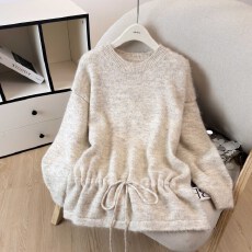 实拍2025新款简约温柔宽松休闲显瘦抽绳系带圆领针织衫时尚上衣女