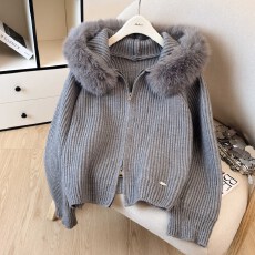 批发实拍·秋冬韩系温柔风毛领连帽针织开衫女双拉链毛衣外套百搭<b class='q'>短</b>款