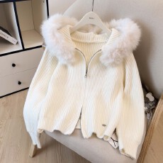 批发实拍·秋冬韩系温柔风毛领连帽针织开衫女双拉链毛衣外套百搭<b class='q'>短</b>款