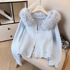 批发实拍·秋冬韩系温柔风毛领连帽针织开衫女双拉链毛衣外套百搭<b class='q'>短</b>款