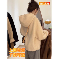 批发短款连帽羊羔毛<b class='q'>外套</b>女秋冬装新款爆款加绒保暖皮毛一体上衣