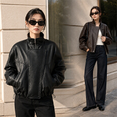 批发实拍皮衣外套女<b class='q'>春</b>秋新款咖色酷飒风宽松pu机车美式短款机车皮夹克