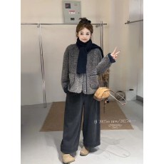 批发冬新韩版宽松圆领羊羔毛皮毛一体撞色外套女小个子上衣