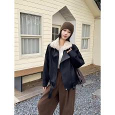 批发酷飒羊羔绒毛领蛋白皮衣外套女加厚羽绒美式机车宽松夹克