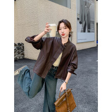 批发咖色复古短款皮衣外套女春秋季2026新款高级感美拉德休闲气质夹克