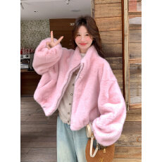 批发粉色甜美高级感仿貂毛环保皮草外套女<b class='q'>冬</b>新款时尚气质毛绒上衣