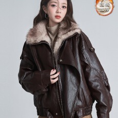 批发美式复古<b class='q'>皮毛</b><b class='q'>一体</b>外套女冬季加绒加厚翻领机车服夹克