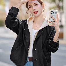 批发美拉德连帽假两件皮衣女<b class='q'>春</b>季新款休闲宽松夹克减龄拼接短外套
