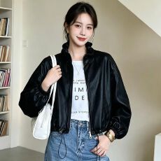 批发美式复古<b class='q'>皮衣</b>外套女短款秋季宽松廓形机车夹克小个子百搭上衣