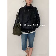 批发十三行复古机车风立领<b class='q'>皮衣</b>女秋季宽松廓形小个子短款夹克外套