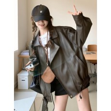 批发棕色<b class='q'>皮衣</b>外套女短款春秋新款韩版流行高级感小个子皮夹克上衣