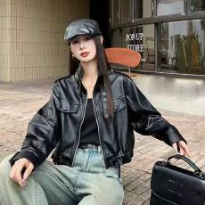 批发时尚立领短款<b class='q'>皮衣</b>外套女秋季新款抽绳设计感显瘦小个子皮夹克