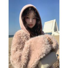 批发设计感减龄百搭针织连帽羊圈绒环保毛软糯毛毛皮草外套女