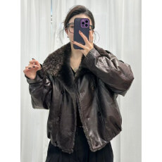 批发欧洲站羊皮毛一体拼接真皮羽绒服双排扣绵羊皮鹅绒服机车夹克<b class='q'>外套</b>