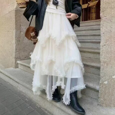 批发仙女风网纱拼接荷叶边蛋糕<b class='q'>裙</b>女2026春时尚高腰显瘦A<b class='q'>字</b>大摆<b class='q'>半身裙</b>