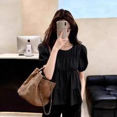 批发法式气质黑色泡泡袖衬衫女2026夏季新款小个子短款超好看漂亮上衣