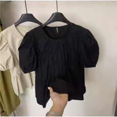 批发法式衬衫女小众洋气圆领褶皱设计感减龄桑蚕丝泡泡袖上衣夏季