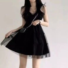 批发韩国chic夏季法式高级感V领高腰显瘦拼接网纱<b class='q'>蓬蓬裙</b>吊带连衣裙女