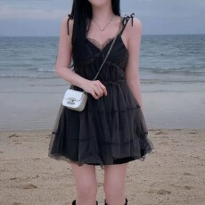 批发韩国chic韩版设计感网纱绑带吊带裙小众连衣裙女