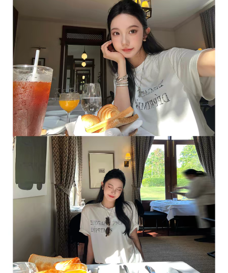 지구 Ouyang 현재 문제 苾 입력 er d 바다 왕 t 아기 수준 럭셔리 센스 블루 좋은 주간 실크 프랑스 아마 프린트 티셔츠