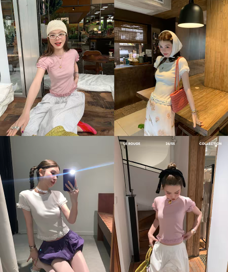 le rouge 주 아름다움 7 번호 늦게 8시 신제품 주간 실크 양모 목이버섯 레이스 라운드 넥 반팔 티셔츠