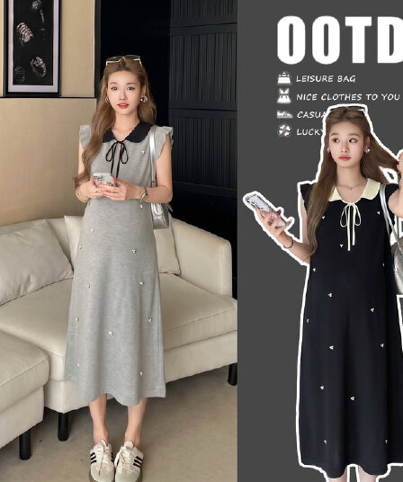 실사 지금 임산부 프랑스식 베이비 칼라 나비 매듭 여성 드레스 비즈 박기 허리 수축 슬림해 보이는 롱 스커트