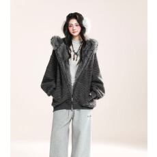 批发400g重磅兔毛条纹原版面料原版做工美式加绒连帽<b class='q'>卫衣</b><b class='q'>开衫</b>外套女冬