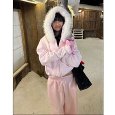 批发原版面料纯棉华棉复合银狐绒可拆卸毛领连帽<b class='q'>卫衣</b>卫裤两件套装女冬