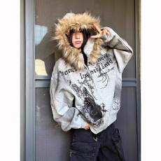 批发原版面料原版做工哥特风毛领开衫连帽卫衣宽松休闲外套男<b class='q'>女</b>秋冬潮