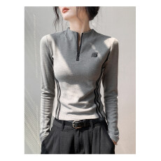 批发高弹德绒原版面料原版做工美式半拉链长袖<b class='q'>t</b><b class='q'>恤</b>修身上衣打底女秋冬