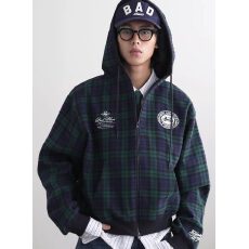 批发原版面料原版做工400g加绒街头复古格子连帽外套卫衣秋冬男女情侣