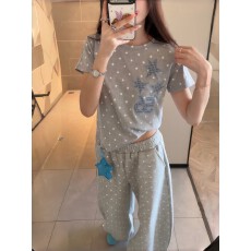 批发40s精棉1*1螺纹原版做工原版面料满印星星刺绣短袖长裤女两件套夏
