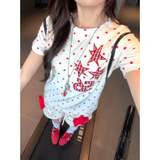 批发40s精棉1*1螺纹原版做工满印刺绣星星甜美上衣女短袖T恤短裤夏季